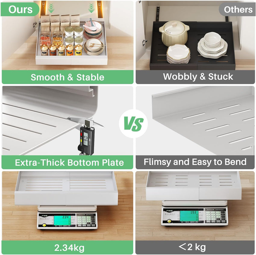 SAYZH Pull Out Cabinet Organiser, Extendable Pull Out Storage, Adjustable Slide Out Drawer Storage Shelves for Kitchen Cupboard with Adhesive Film (30-50 CM W x 43 CM D x 6 CM H)