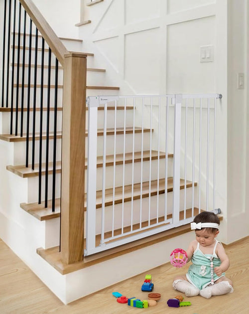 COMOMY 91.5cm Extra Tall Baby Gate for Stairs Doorways, Fits Openings 75-103cm Wide, Auto Close Sturdy Safety Dog Gate for House, Pressure Fit Easy Walk Through Pet Gate with Door, White