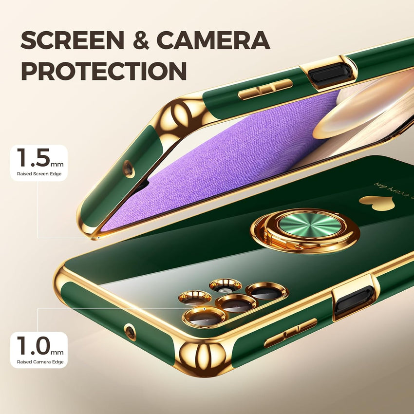 Nonional for Samsung Galaxy A32 5G Case with 2 Pack Screen Protector, 360^0 Rotatable Ring Holder [Luxury Hearts Pattern] Plating Gold Edge Slim Soft Phone Cover Case for Galaxy A32 - Green