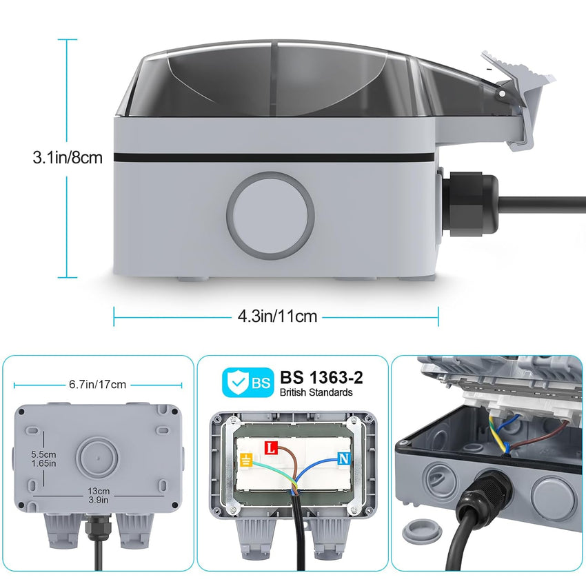 Weatherproof Outdoor Socket Waterproof Double Socket 3M Extension Lead IP66 Switched Wall Electrical Outlet 13 Amp 2 Gang Power Socket, Garden Outside Plug Sockets Cover Box