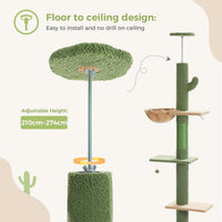PAWZ Road Cat Tree READ DESC Floor to Ceiling with Height Adjustable 216cm to 273cm, Cactus Cat Tower with Spacious Activity Space, Hammock and Cat Condo, Anti-Fall Belt, 5 Tiers Green