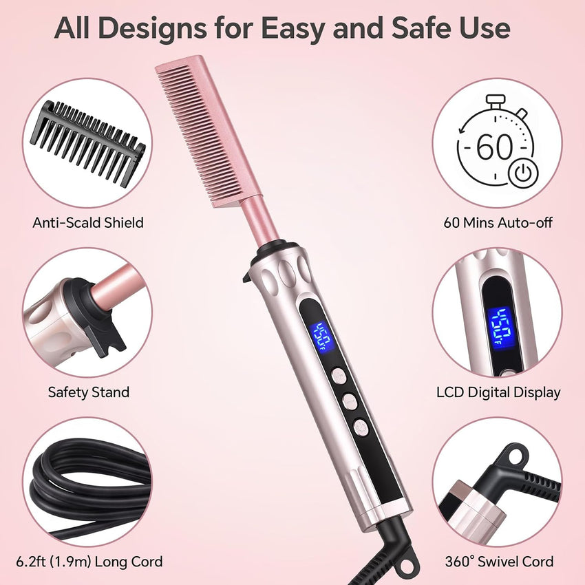 Ceramic Heated Hot Comb Straightening Brush for Wigs & Afro Hair Black