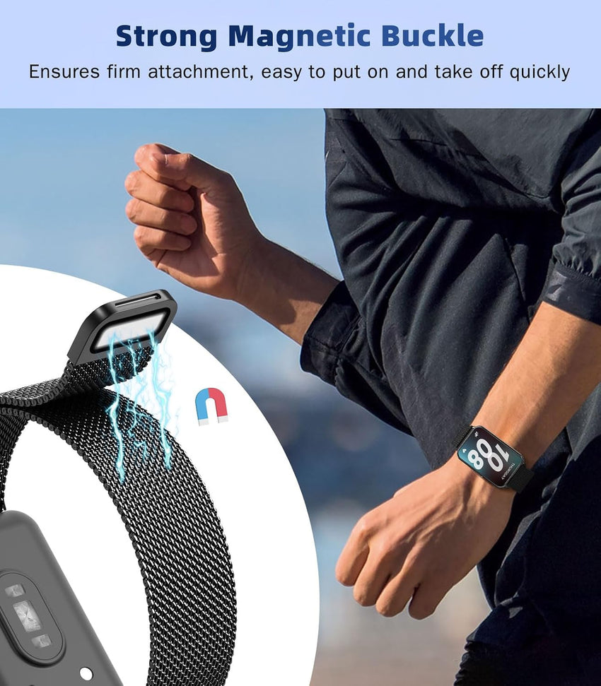 Astorgos Metal Strap Compatible with Samsung Galaxy Fit 3, Stainless Steel Mesh Loop Adjustable Magnetic Clasp Watch Band Replacement Wristband for Women Men, Black