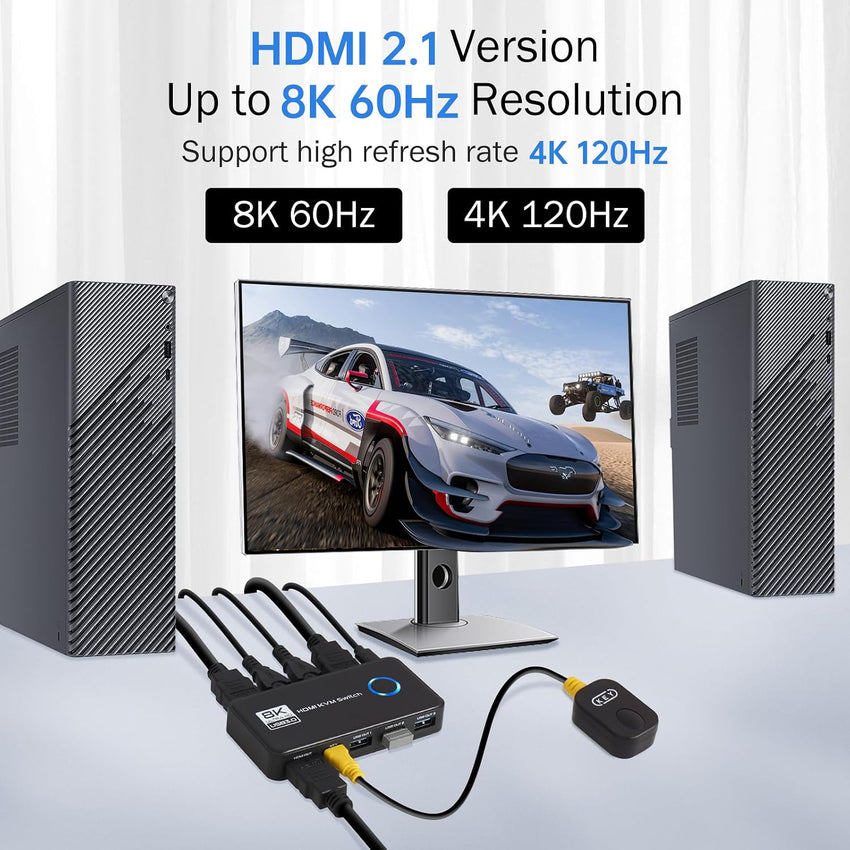 TCNEWCL 8K 60Hz KVM Switch 2 PC 1 Monitor 4K 120Hz, HDMI 2.1 USB 3.0 KVM Switcher for 2 Computers Share 1 Monitor Mouse Keyboard, with Wired Remote and 2 HDMI and 2 USB cables