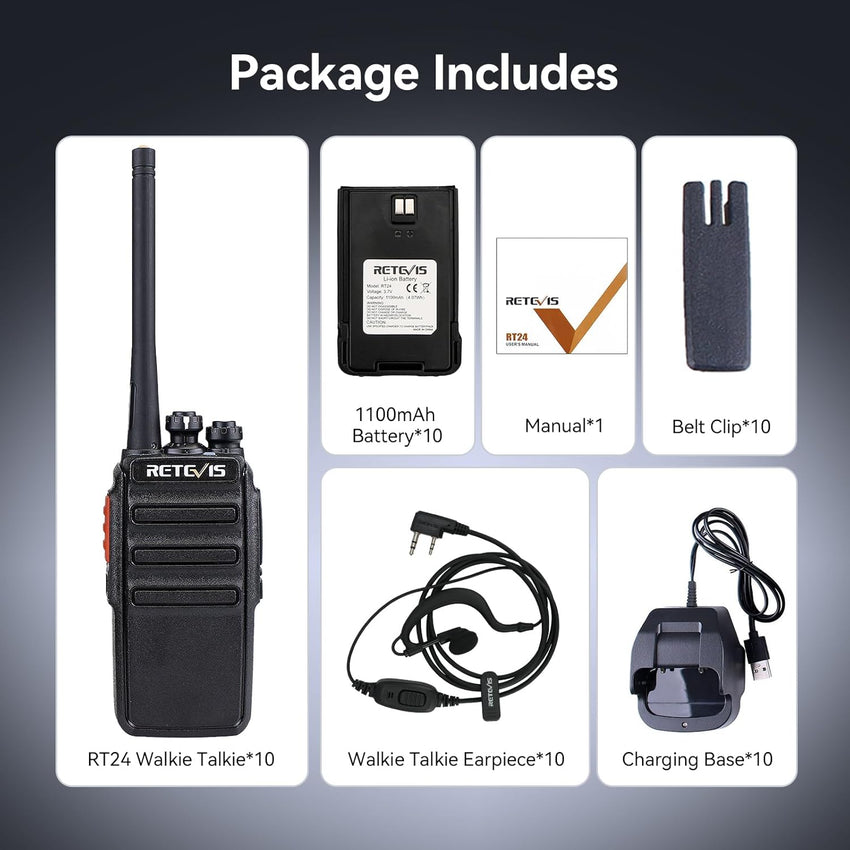 Retevis RT24 Walkie Talkies for Adults, Professional Two Way Radio, PMR446 Long Range License Free, 2 Way Radios Walkie Talkie with Earpieces for Commercial, School (Black,10 Pack)