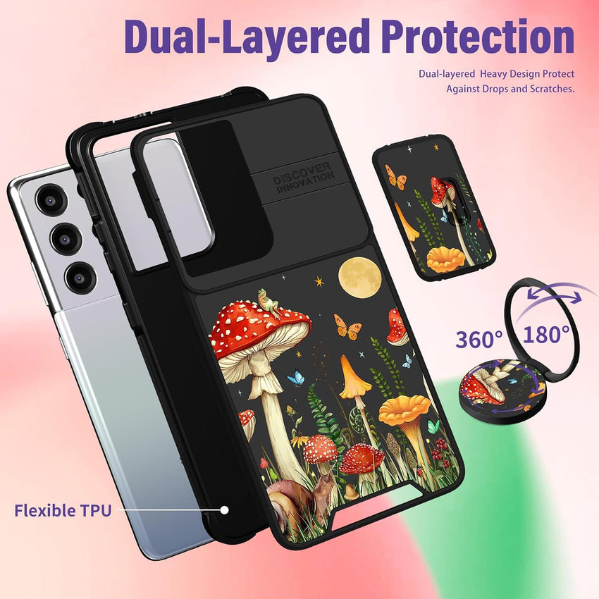 for Samsung Galaxy S21 Ultra Case - [2in1] Women Girls Cute Mushroom Phone Cover Ring Holder Stand Girly Pretty Unique Fashion Slide Camera Cover Design for Samsung S21 Ultra Case 6.8"