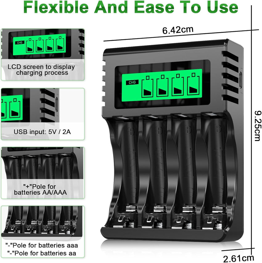 POWEROWL 4-slot AA AAA Battery Charger with LCD Display (5V 2A Quick Charging, Independent Slot) for Ni-MH Rechargeable Batteries (No Adapter)