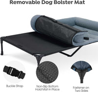 Veehoo Elevated Dog Bed with Removable Bolster, Fluffy Raised Dog Bed off Ground Elevated Dog Bed Portable Raised Pet Cot with Cushion, No-Slip Feet Indoor Outdoor, Haze Blue 125 x 83 x 23 cm