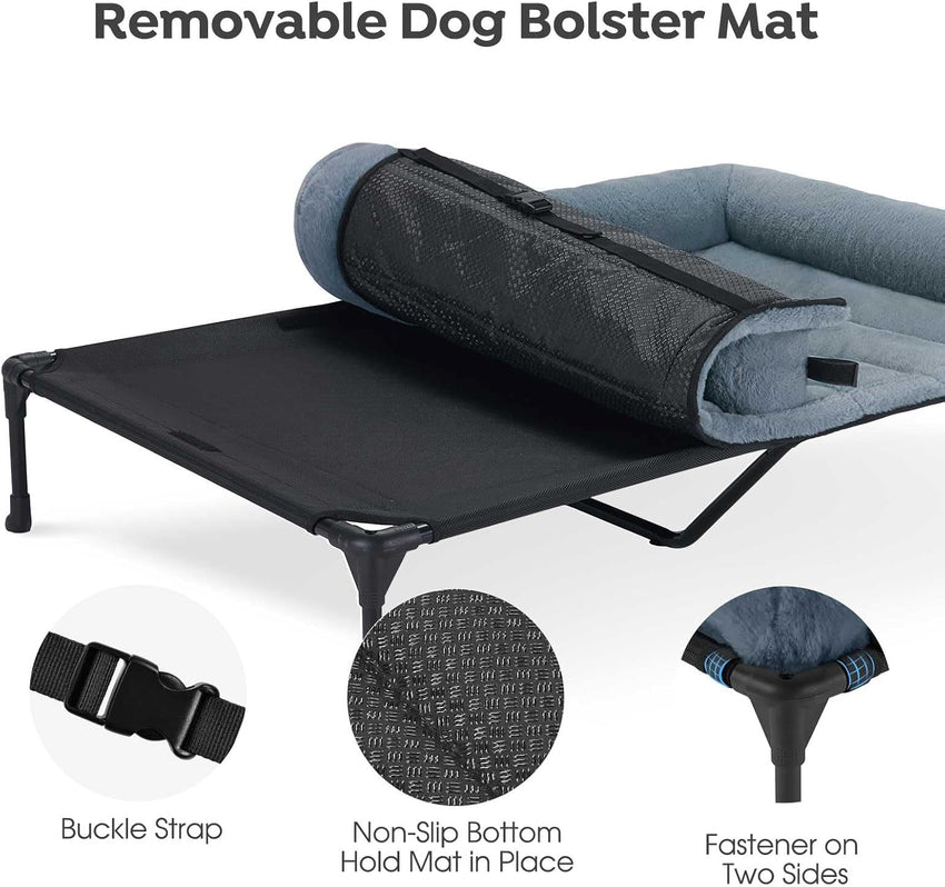 Veehoo Elevated Dog Bed with Removable Bolster, Fluffy Raised Dog Bed off Ground Elevated Dog Bed Portable Raised Pet Cot with Cushion, No-Slip Feet Indoor Outdoor, Haze Blue 125 x 83 x 23 cm
