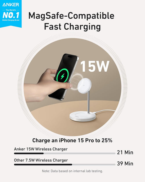 Anker MagGo 2-in-1 Wireless Charging Station, MagSafe Charger Compatible, Qi2 Certified 15W Wireless Stand, Apple Watch Charger for iPhone 16/15/14 Series, AirPods (No AC Adapter)