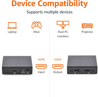 Amazon Basics HDMI Splitter 1 In 2 Out, 4K @ 30 Hz for Dual Monitors, PC, Laptops, DVD players, Xbox, Roku, Chromecast, with 1m USB USB-A to DC power cable, Mirror Only, Black