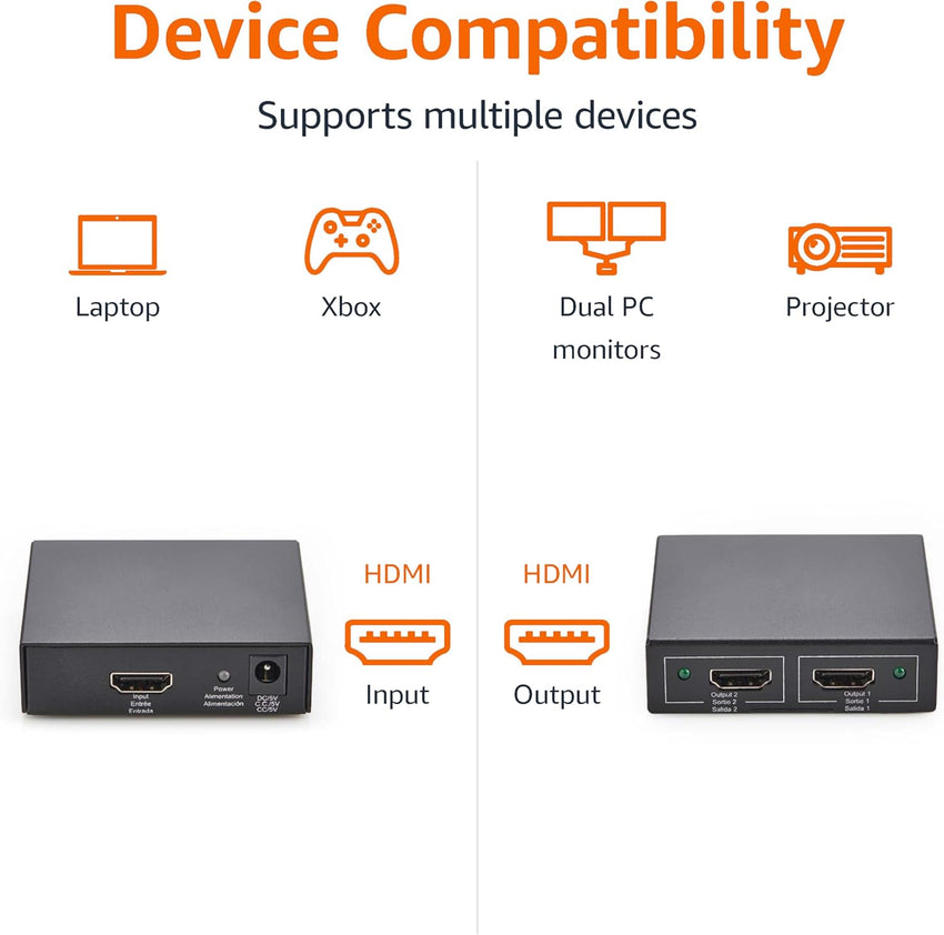 Amazon Basics HDMI Splitter 1 In 2 Out, 4K @ 30 Hz for Dual Monitors, PC, Laptops, DVD players, Xbox, Roku, Chromecast, with 1m USB USB-A to DC power cable, Mirror Only, Black