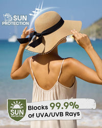 FURTALK Womens Sun Straw Wide Brim UPF 50 Summer Foldable Roll up Floppy Beach Hat for Women Khaki