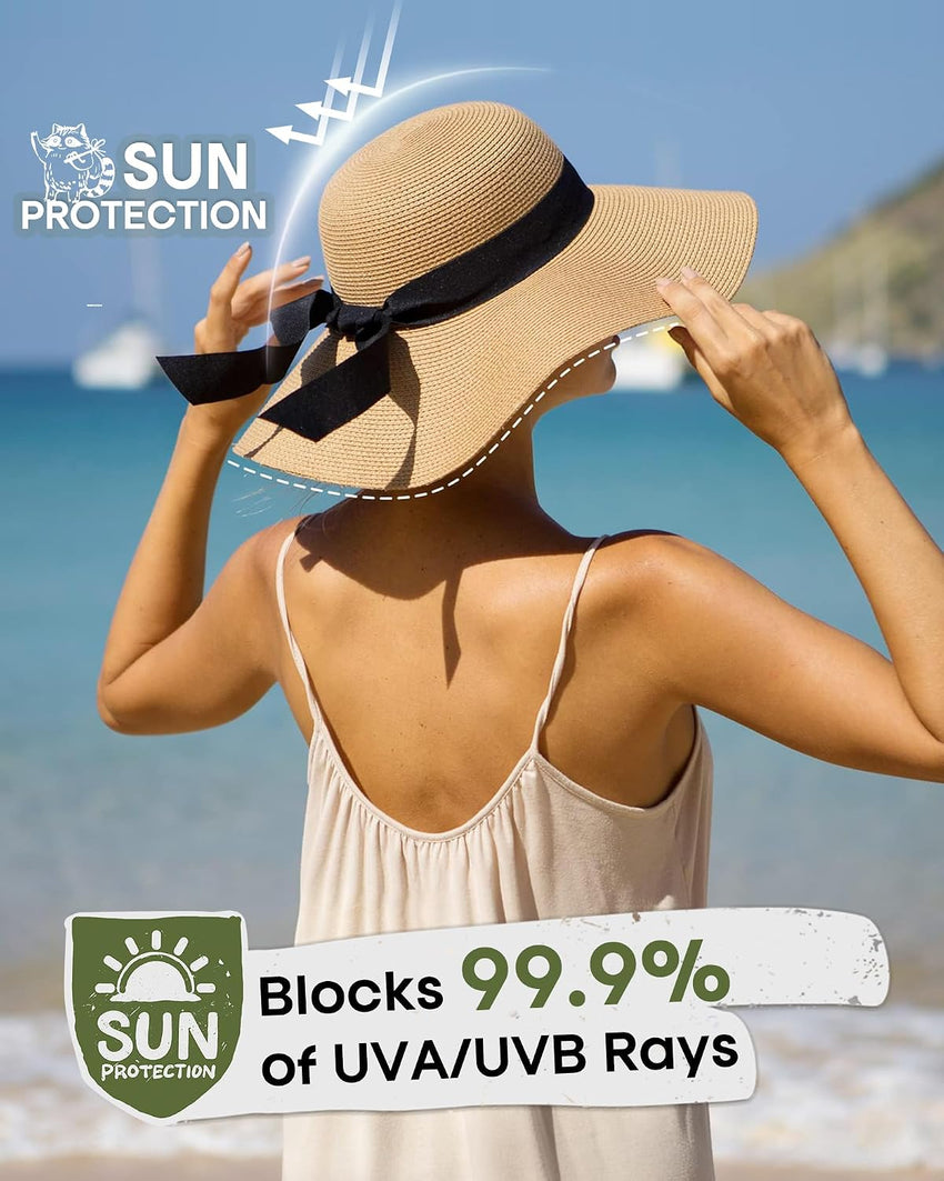 FURTALK Womens Sun Straw Wide Brim UPF 50 Summer Foldable Roll up Floppy Beach Hat for Women Khaki