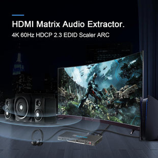 HDMI Matrix 4 in 2 Out 4K 60Hz 4:4:4 ARC HDR D-olby Vision Atmos SPDIF 5.1CH Breakout 3.5mm Stereo HDCP2.2- PC Console 16 EDID HDMI Scaler 4K 1080P Sync, HDCP2.2 HDMI2.0 Matrix 4x2 IR Remote