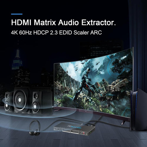 HDMI Matrix 4 in 2 Out 4K 60Hz 4:4:4 ARC HDR D-olby Vision Atmos SPDIF 5.1CH Breakout 3.5mm Stereo HDCP2.2- PC Console 16 EDID HDMI Scaler 4K 1080P Sync, HDCP2.2 HDMI2.0 Matrix 4x2 IR Remote
