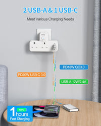 USB C Charger Plug Adapter UK, FDTEK Double Plug Extension Socket with Fast Charger, Multi USB Charging Station with Sensor Night Light, MultiPlug Extender Compatible for Kitchen, School Supplies