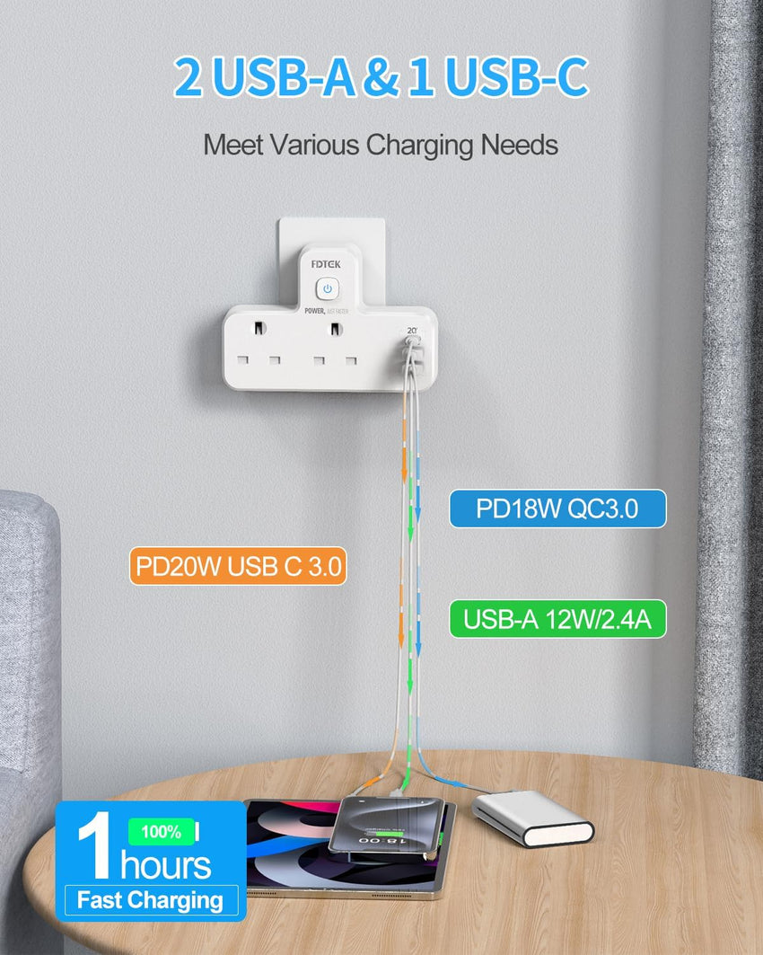 USB C Charger Plug Adapter UK, FDTEK Double Plug Extension Socket with Fast Charger, Multi USB Charging Station with Sensor Night Light, MultiPlug Extender Compatible for Kitchen, School Supplies