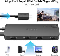 BENFEI HDMI Switch 4 in 1 Out 4K@60Hz, 2K@144Hz, HDCP 2.3 with Adaptive Equalization support 10M HDMI TransmitCompatible for PS5/4, Xbox, Roku, FireStick, Switch