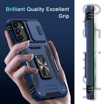 DEERLAMN Case for Samsung Galaxy S24 FE 6.7-Inch with Slide Camera Cover+Screen Protector(1 Pack), Rotated Ring Kickstand Military Grade Shockproof Protective Cover-Navy Blue