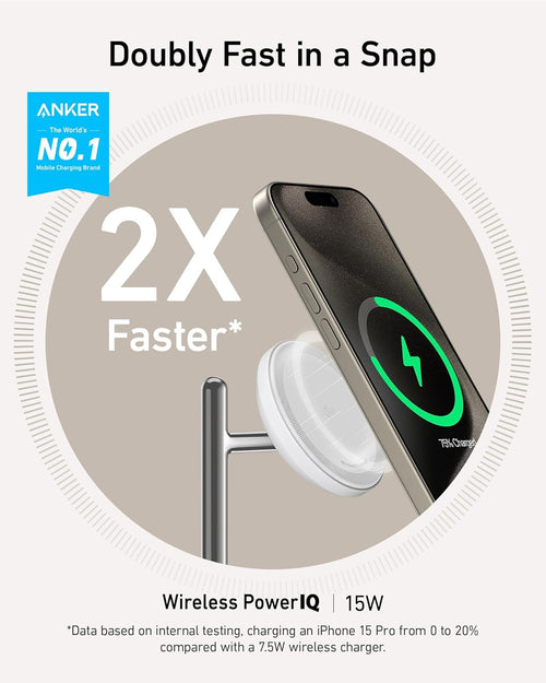 Anker 3-in-1 Wireless Charging Station, MagSafe Charger Compatible, Qi2 Certified 15W Wireless Stand, For iPhone 15/14 Series, AirPods Pro, Apple Watch Ultra (USB C Charger and Cable Included)