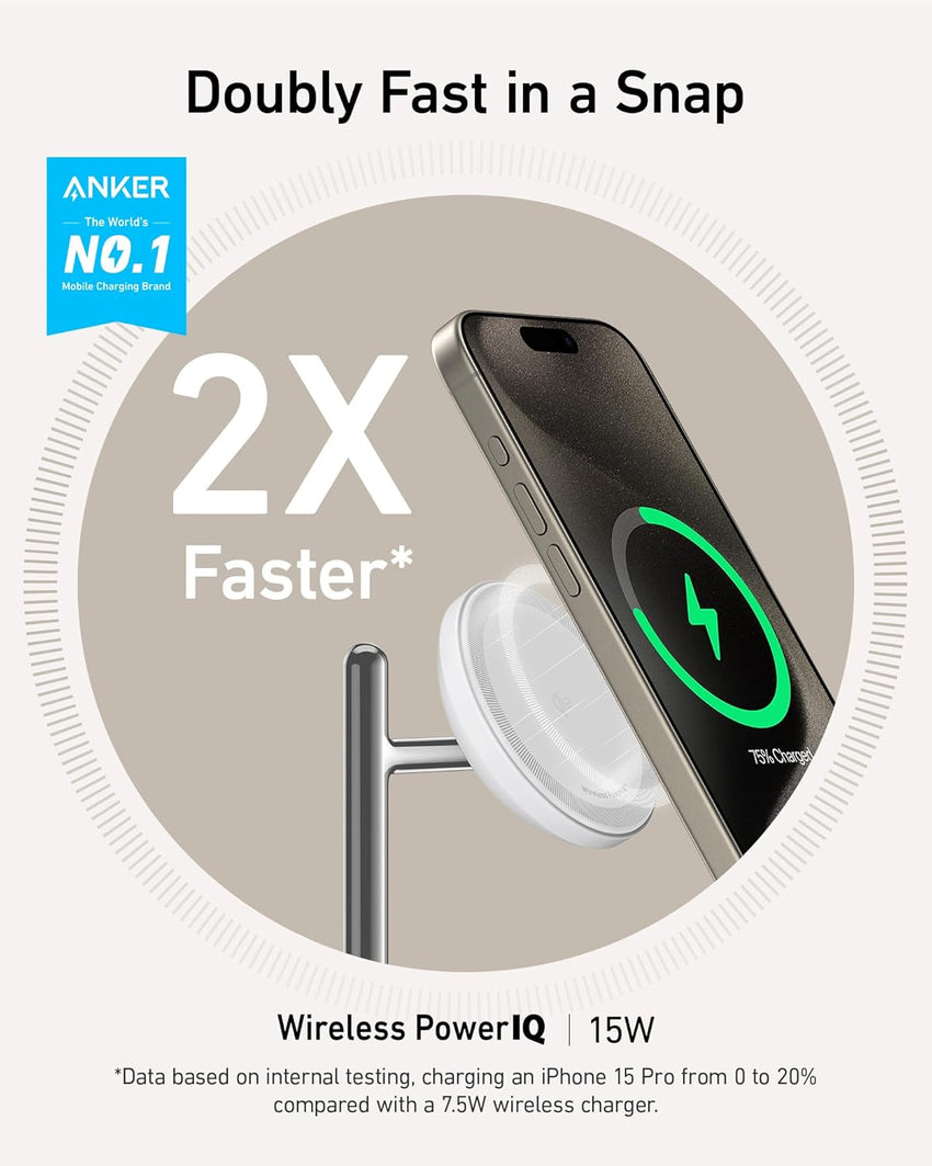 Anker 3-in-1 Wireless Charging Station, MagSafe Charger Compatible, Qi2 Certified 15W Wireless Stand, For iPhone 15/14 Series, AirPods Pro, Apple Watch Ultra (USB C Charger and Cable Included)