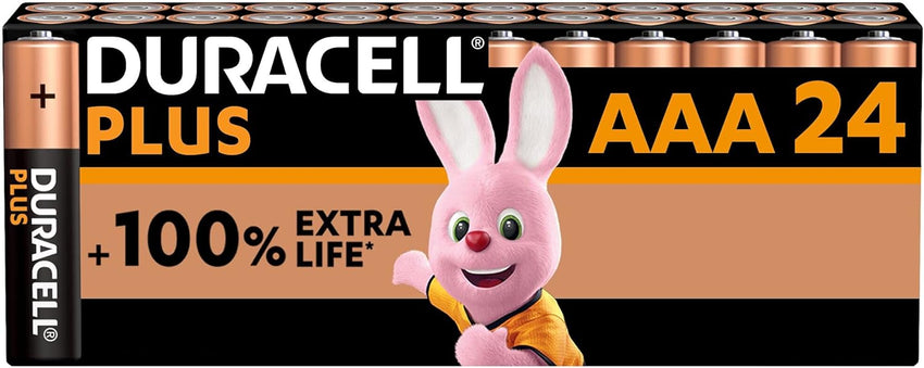 DURACELL Plus AAA Batteries (24 Pack) - Alkaline Batteries 1.5V - Up to 100% Extra Life with POWER BOOST Actives- Reliability For Everyday Devices - 0% Plastic Packaging - 10-Year Storage-LR03 MN2400