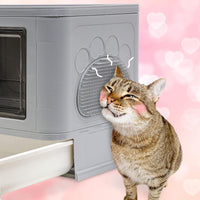 Foldable Cat Litter Box with Lid & Top Exit, Storage Drawer & Fur Brush, Easy Clean, Large Capacity (Grey)