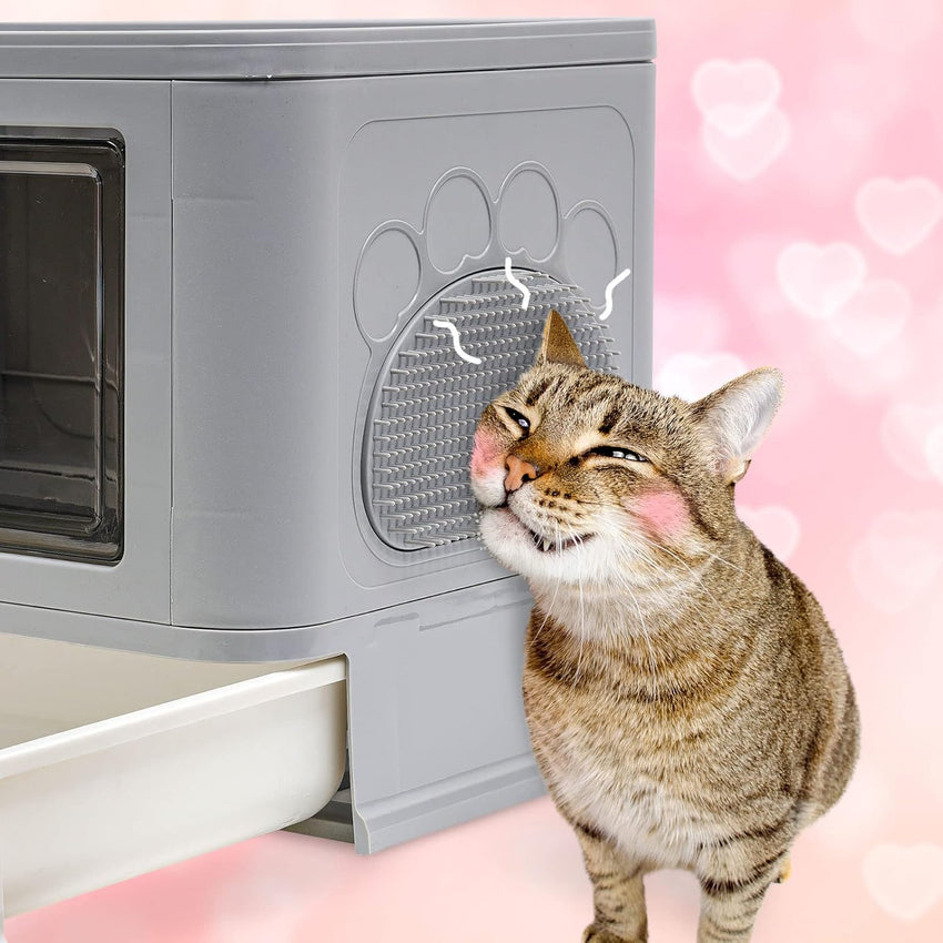 Foldable Cat Litter Box with Lid & Top Exit, Storage Drawer & Fur Brush, Easy Clean, Large Capacity (Grey)