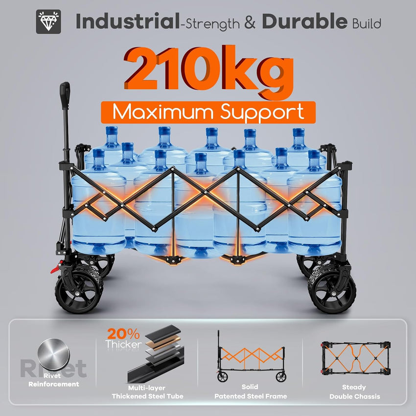 BTTN 300L Large Folding Festival Trolley on Wheels, 210kg Capacity Garden Cart with 18x10 cm Big All-Terrain Extra Wide Wheels, Portable Utility Storage Wagon for Shopping Camping Beach Garden, Black