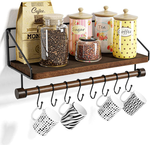 Alsonerbay Floating Shelves Wood Kitchen Shelves Wall Mounted,Rustic Storage with 8 Removable Hooks Small Floating Shelf with black Metal and dark brown Wood for Kitchen Bathroom Bar