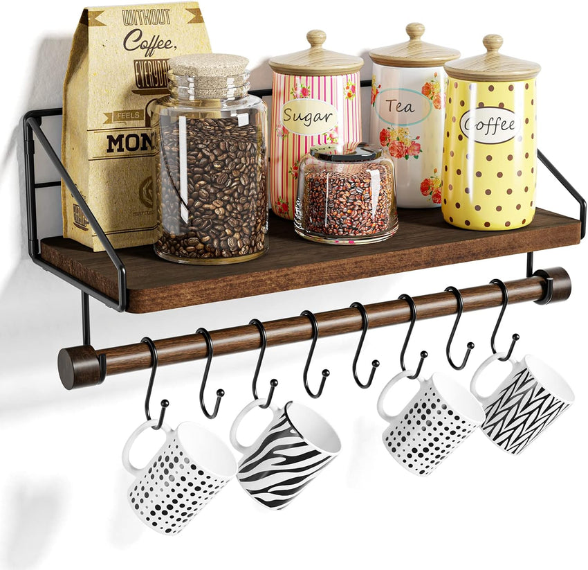 Alsonerbay Floating Shelves Wood Kitchen Shelves Wall Mounted,Rustic Storage with 8 Removable Hooks Small Floating Shelf with black Metal and dark brown Wood for Kitchen Bathroom Bar
