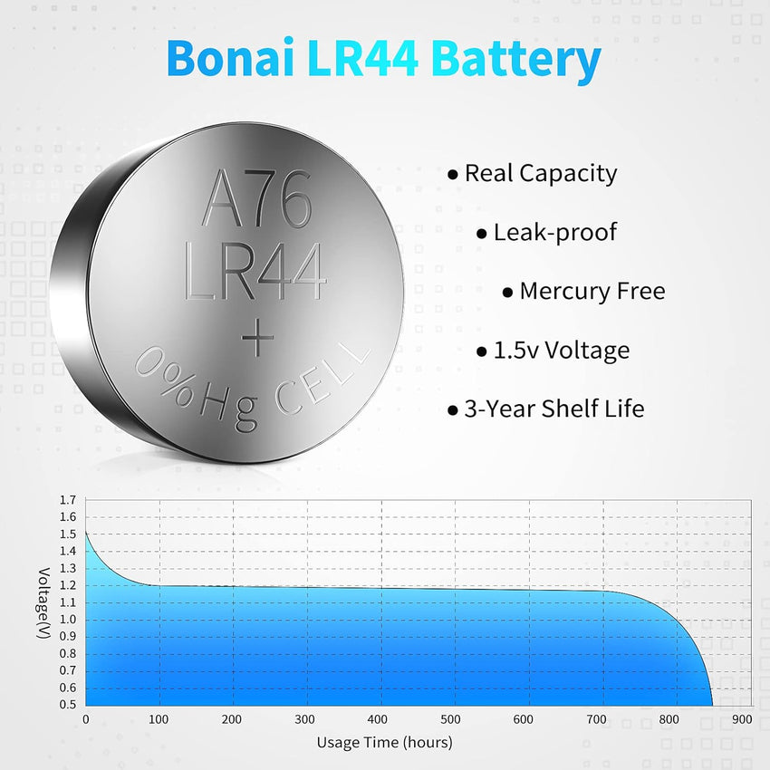 50 x AG13 LR44 Batteries Alkaline Button Cell Battery by BONAI, LR44 AG13 A76 357 303 SR44 1.5V Button Battery