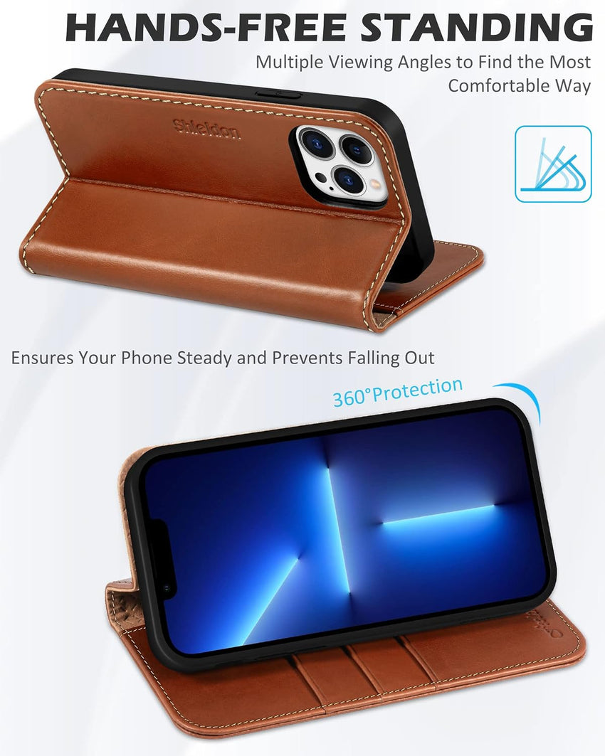 SHIELDON Wallet Case for iPhone 13 Pro Max 5G, Genuine Leather Folio Case [Magnetic][Shock Absorbing][RFID Blocking][Credit Card Slots][Kickstand] Compatible with iPhone 13 Pro Max 6.7", Retro Brown