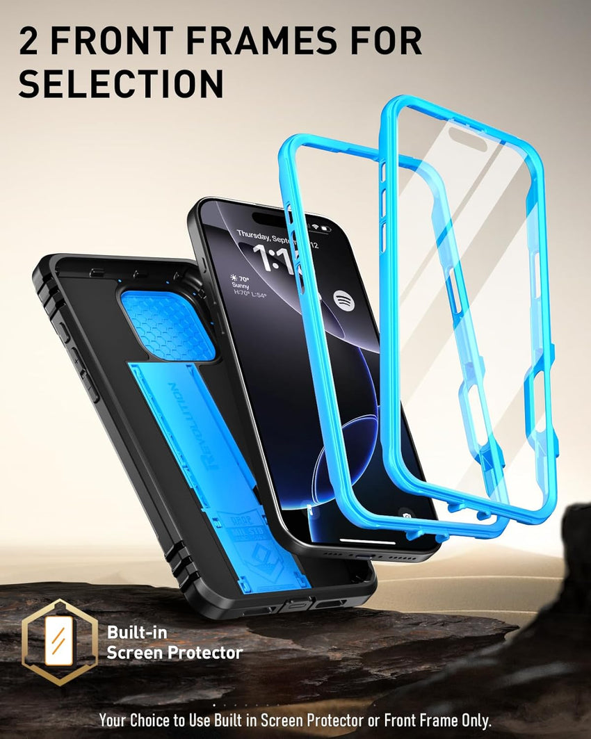 Poetic Revolution Case for iPhone 16 Pro Max 6.9 inch, [Slide Camera Cover], Full-Body Military Grade Rugged Shockproof Cover Broken KickstandLight Blue