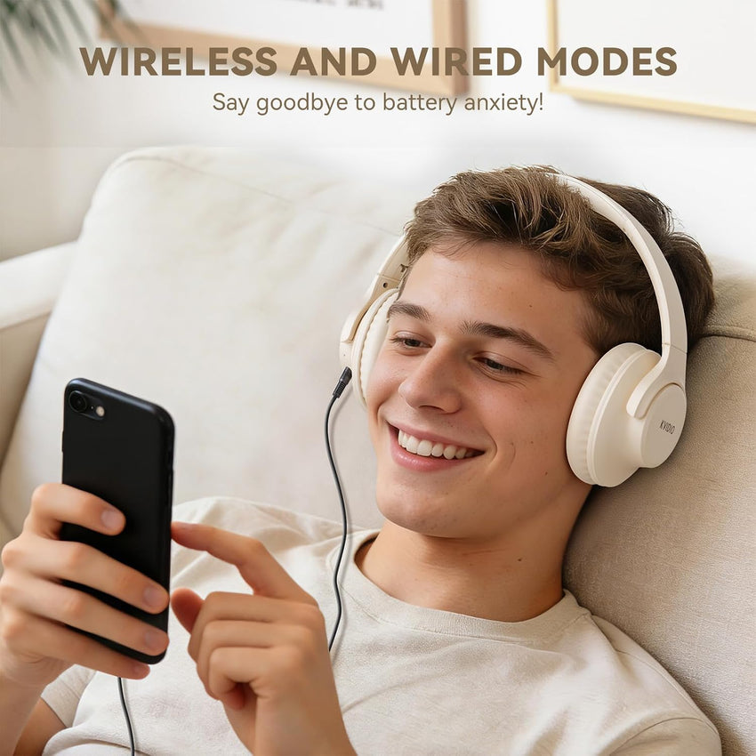 Over-Ear Bluetooth Headphones 65H Playtime Foldable Lightweight Deep Bass Stereo with Mic Beige