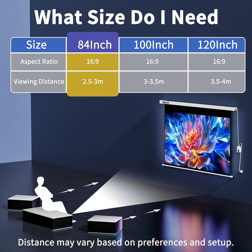 WASJOYE 84"Motorized Projector Screen Electric Diagonal Automatic Projection 16:9 8K HD Movies Screen for Home Theater Cinema Office Video Game Indoor W/Remote Control and Wall/Ceiling Mount