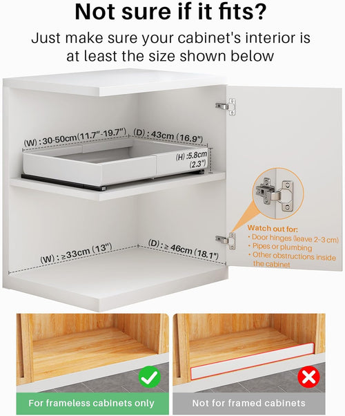 SAYZH Pull Out Cabinet Organiser, Extendable Pull Out Storage, Adjustable Slide Out Drawer Storage Shelves for Kitchen Cupboard with Adhesive Film (30-50 CM W x 43 CM D x 6 CM H)