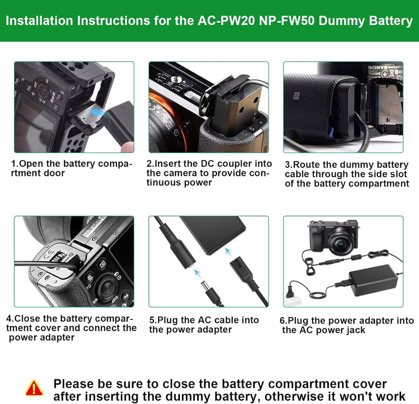 Gonine AC-PW20 AC Power Adapter NP-FW50 Dummy Battery Kit for Sony Alpha ZV-E10 A7 A7R A7S A7II A7RII A7SII A6500 A6400 A6300 A6100 A6000 A5100 A5000 RX10 II III IV NEX-3 NEX-5 NEX-7 Camera