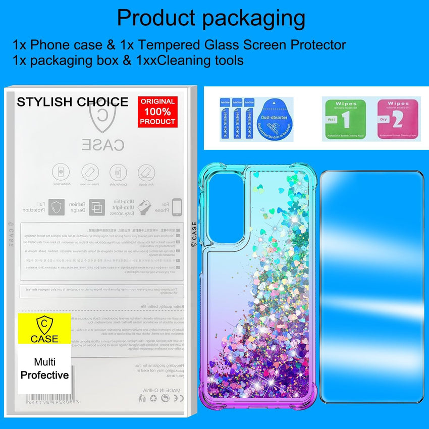 XRCS Compatible with for Samsung Galaxy A36 5G Case with Tempered Glass Screen Protector Glitter Bling Flowing Liquid Floating TPU Bumper Cushion Corners Protection Case - Purple
