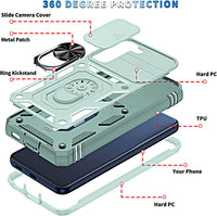 for Samsung Galaxy S21 FE Case with Camera Cover Slider, 2*Screen Protectors,Build in 360^0Rotating Ring Kickstand, Military Grade Protective Case for Galaxy S21 FE 5G 6.4"-Green