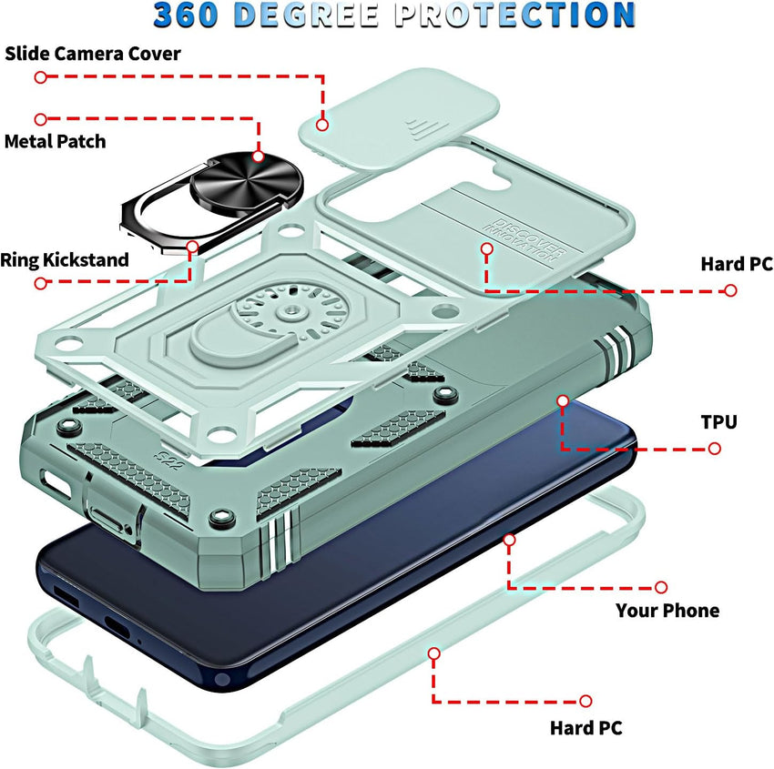for Samsung Galaxy S21 FE Case with Camera Cover Slider, 2*Screen Protectors,Build in 360^0Rotating Ring Kickstand, Military Grade Protective Case for Galaxy S21 FE 5G 6.4"-Green