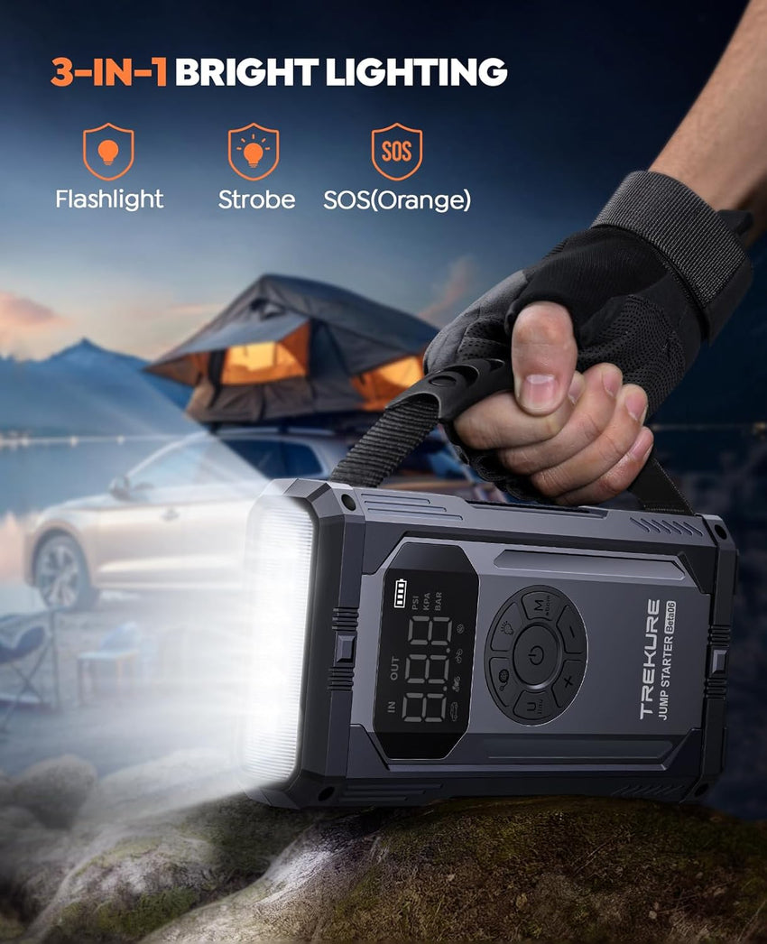 TREKURE 4000A Jump Starter Power Pack with 150PSI Air Compressor, 12V Portable Car Battery Booster Jump Starter for all Gas/10L Diesel, Car Jump Starter Power Bank with Jump leads, Emergency Light