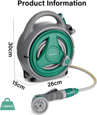 Garden Hose Reel 14M, 12m Water Pipe +2m Leader Hose, Hose Pipe Reel with 8 Adjustable Spray Gun Nozzles, Manual Retractable Garden Water Hose Reel,Outdoor Hose Reel Set for Garden Patios,Balconies
