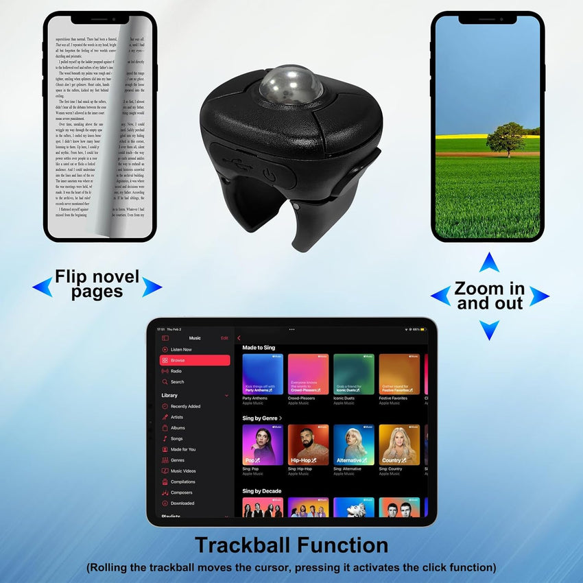 Wireless Trackball Finger Ring Mouse 2.4G & Bluetooth Rechargeable for PC/Android/Mac â Black