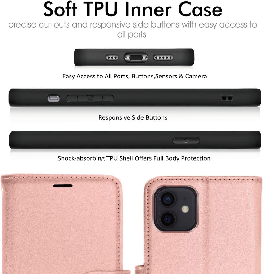 TECHGEAR iPhone 12 Pro Leather Wallet Case, Flip Protective Case Cover with Wallet Card Holder, Stand & Wrist Strap - Rose Gold PU Leather with Magnetic Closure for iPhone 12/12 Pro 6.1"