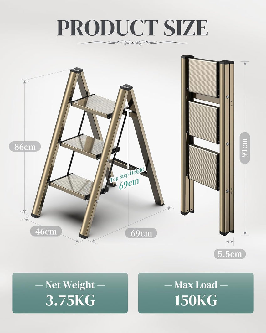GameGem Folding Step Ladder with Anti-Slip Wide Pedal Ã¢ÂÂ Lightweight Aluminium, Champagne Gold