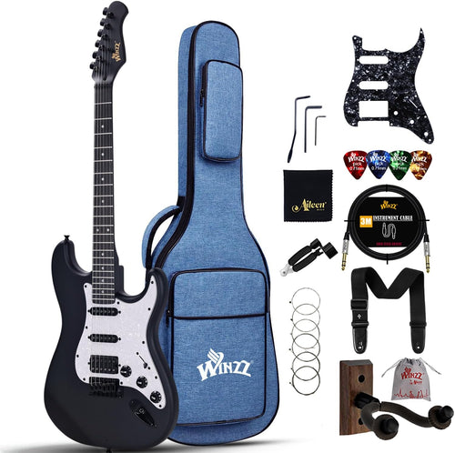 Full-Size 4/4 Electric Guitar HSS Pickup Starter Pack with 12 Accessories â Matte Black 39in