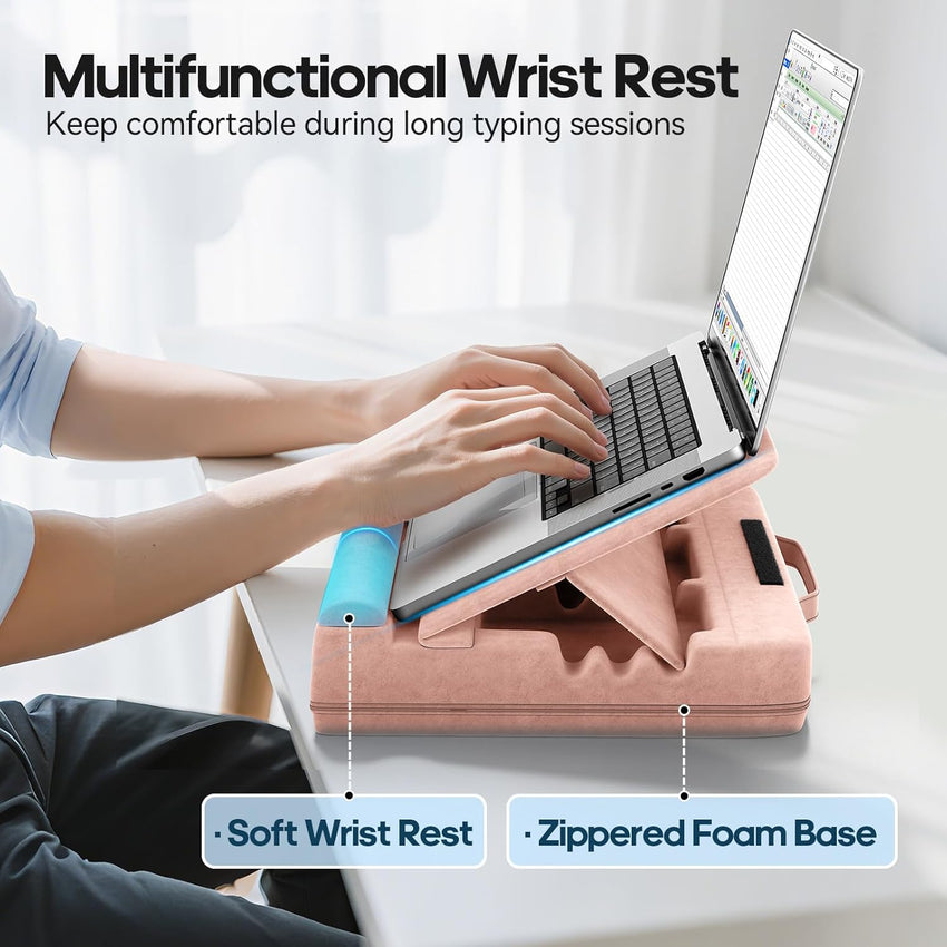 Heyife Laptop Knee Tray for Lap with Cushion, Adjustable Laptop Pillow for Bed/Couch, Foldable Tablet Pillow Holder for Lap, Sofa and Desk for up to 15'' PC/Mac, Tablet, iPad, Kindle, Pink