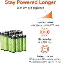 Amazon Basics Rechargeable NiMh AAA 800mAh 8 Pack + AA 2000mAh 8 Pack, with 8 Bay Battery Charger, No AC Power Adapter, USB C Port, 16 count in total, Black